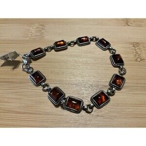 Amber .925 Sterling Silver Square Bracelet 7" Vintage Jewelry - Vintage
